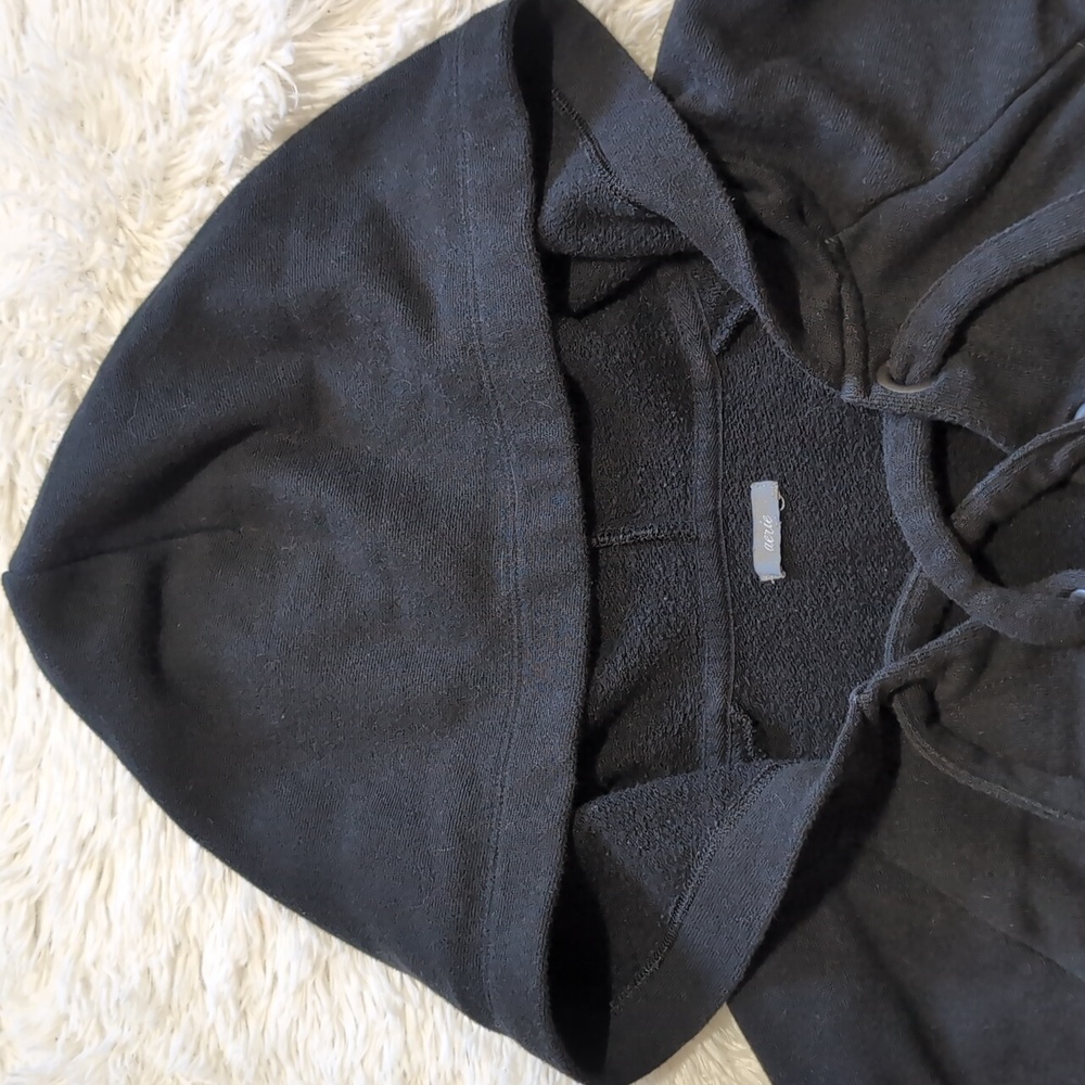 Aerie Black Oversized Lace Up Neckline Crop Hoodie Fall Sweatshirt Large - Picture 3 of 11